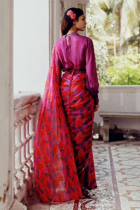 Shop_17:17 By Simmi Saboo_Purple Chanderi, Cotton Sequins, Emily Chilli Print Pre-draped Pant Saree Set _at_Aza_Fashions