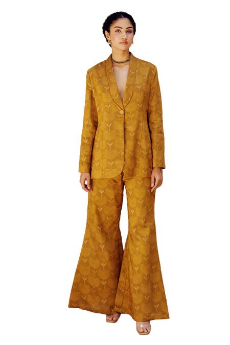 Buy_17:17 By Simmi Saboo_Green Chanderi Silk Print Bandhani Shawl Collar Eva Blazer With Pant _Online_at_Aza_Fashions