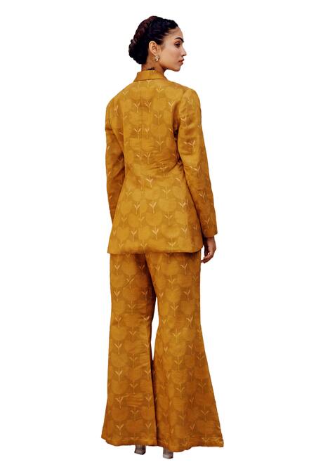 17:17 By Simmi Saboo_Green Chanderi Silk Print Bandhani Shawl Collar Eva Blazer With Pant _at_Aza_Fashions