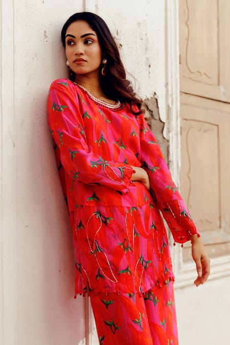 Shop_17:17 By Simmi Saboo_Pink Chanderi Silk Pearls, Crystals, Beads Fiona Chilli Print Kurta With Pant _Online_at_Aza_Fashions