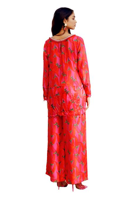 17:17 By Simmi Saboo_Pink Chanderi Silk Pearls, Crystals, Beads Fiona Chilli Print Kurta With Pant _at_Aza_Fashions