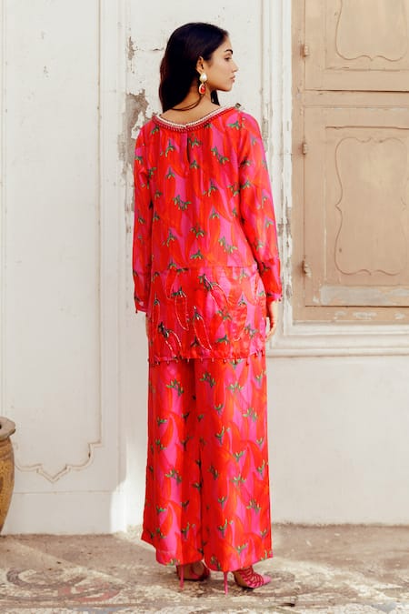 Shop_17:17 By Simmi Saboo_Pink Chanderi Silk Pearls, Crystals, Beads Fiona Chilli Print Kurta With Pant _at_Aza_Fashions