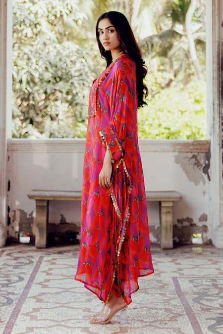 Buy 17:17 By Simmi Saboo Purple Chanderi Silk Print Chilli V- Neck Gia Kaftan Kurta And Pant Set Online at Aza Fashions Buy_17:17 By Simmi Saboo_Purple Chanderi Silk Print Chilli V- Neck Gia Kaftan Kurta And Pant Set _Online_at_Aza_Fashions