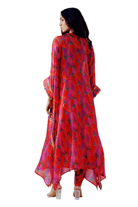 Shop 17:17 By Simmi Saboo Purple Chanderi Silk Print Chilli V- Neck Gia Kaftan Kurta And Pant Set Online at Aza Fashions Shop_17:17 By Simmi Saboo_Purple Chanderi Silk Print Chilli V- Neck Gia Kaftan Kurta And Pant Set _Online_at_Aza_Fashions