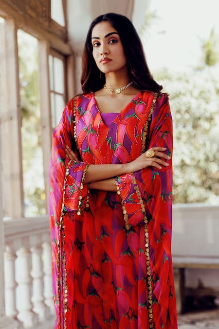 Buy 17:17 By Simmi Saboo Purple Chanderi Silk Print Chilli V- Neck Gia Kaftan Kurta And Pant Set Buy_17:17 By Simmi Saboo_Purple Chanderi Silk Print Chilli V- Neck Gia Kaftan Kurta And Pant Set