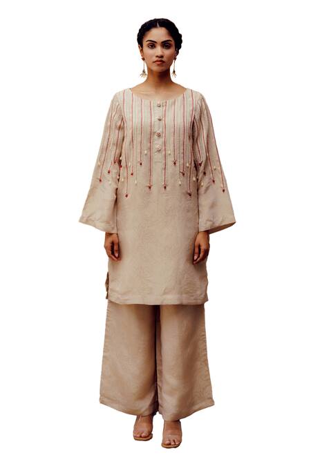 17:17 By Simmi Saboo_Off White Chanderi Silk Crystals, Beads Round Habel Embroidered Kurta With Pant _Online_at_Aza_Fashions