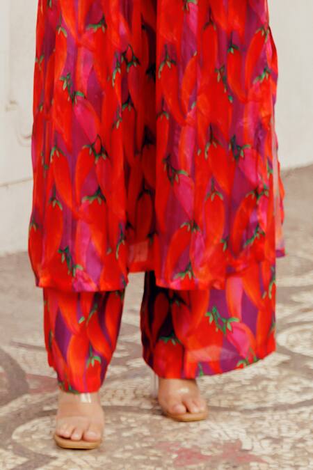 17:17 By Simmi Saboo_Purple Chanderi, Taffeta Pearls, Beads Hazel Chilli Print Yoke Kurta With Pant _Online_at_Aza_Fashions