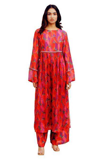 Buy_17:17 By Simmi Saboo_Purple Chanderi, Taffeta Pearls, Beads Hazel Chilli Print Yoke Kurta With Pant _Online_at_Aza_Fashions