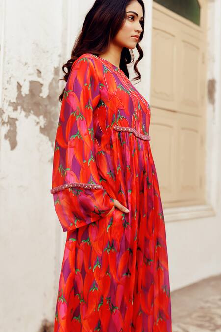 Shop_17:17 By Simmi Saboo_Purple Chanderi, Taffeta Pearls, Beads Hazel Chilli Print Yoke Kurta With Pant _Online_at_Aza_Fashions