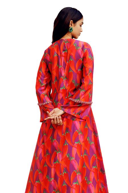 17:17 By Simmi Saboo_Purple Chanderi, Taffeta Pearls, Beads Hazel Chilli Print Yoke Kurta With Pant _at_Aza_Fashions