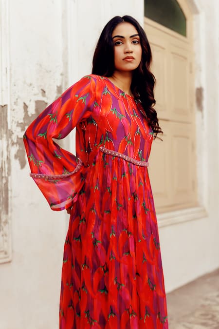 Shop_17:17 By Simmi Saboo_Purple Chanderi, Taffeta Pearls, Beads Hazel Chilli Print Yoke Kurta With Pant _at_Aza_Fashions