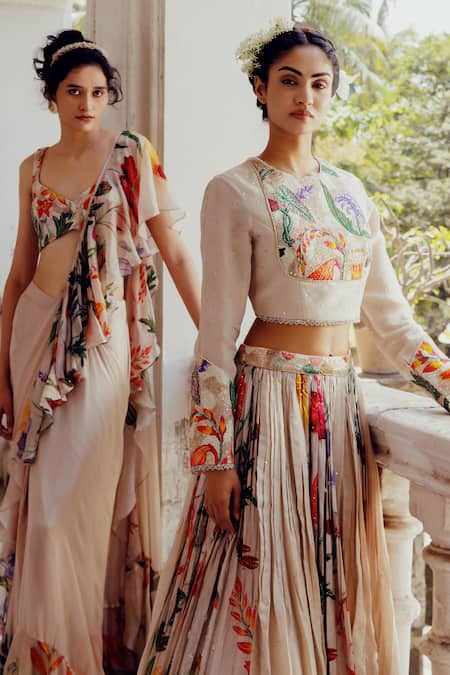 17:17 By Simmi Saboo_Beige Chanderi Sequins, Pearls, Beads Kiara Trible Floral Print Lehenga Set _Online_at_Aza_Fashions