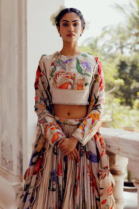 Buy_17:17 By Simmi Saboo_Beige Chanderi Sequins, Pearls, Beads Kiara Trible Floral Print Lehenga Set _Online_at_Aza_Fashions