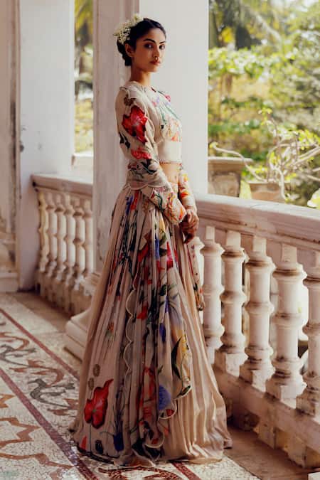 Shop_17:17 By Simmi Saboo_Beige Chanderi Sequins, Pearls, Beads Kiara Trible Floral Print Lehenga Set _Online_at_Aza_Fashions