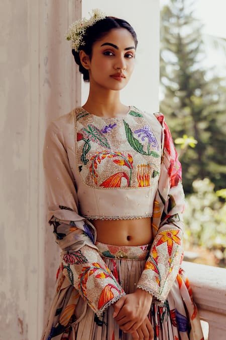 17:17 By Simmi Saboo_Beige Chanderi Sequins, Pearls, Beads Kiara Trible Floral Print Lehenga Set _at_Aza_Fashions