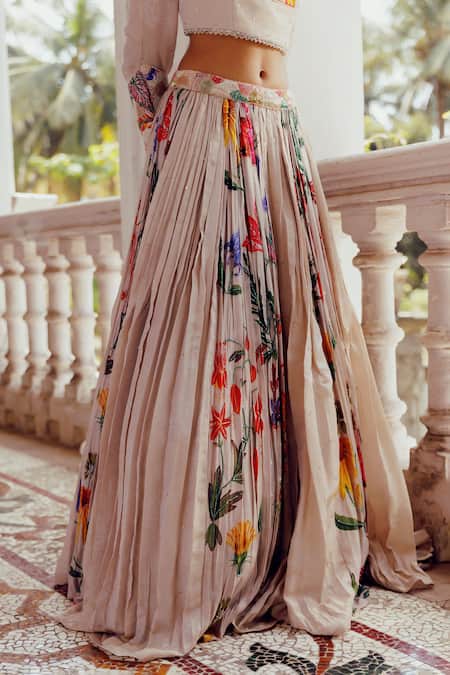 Buy_17:17 By Simmi Saboo_Beige Chanderi Sequins, Pearls, Beads Kiara Trible Floral Print Lehenga Set 