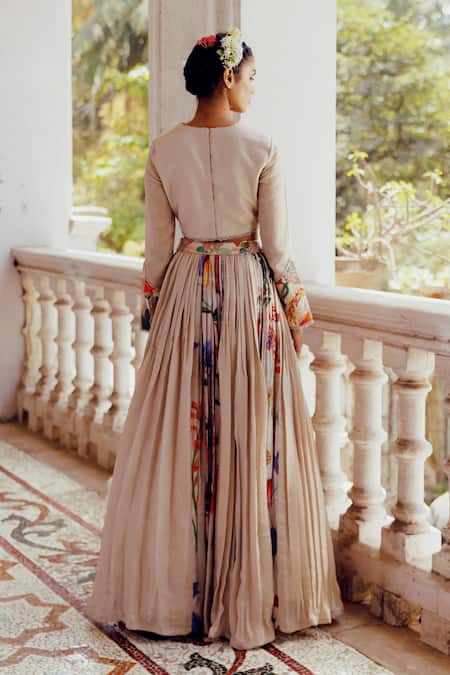 Shop_17:17 By Simmi Saboo_Beige Chanderi Sequins, Pearls, Beads Kiara Trible Floral Print Lehenga Set _at_Aza_Fashions