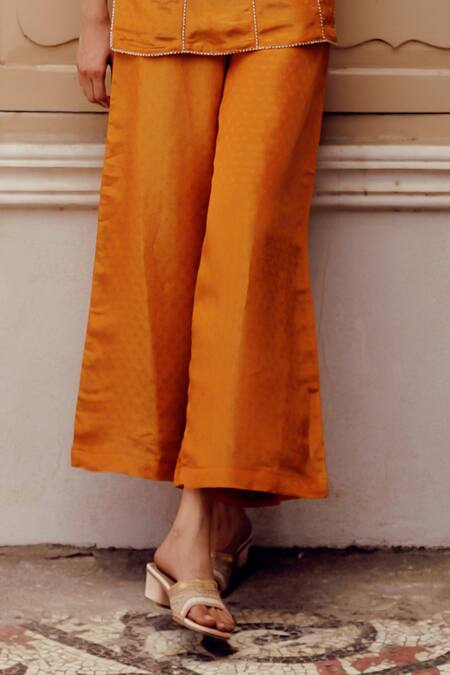 17:17 By Simmi Saboo_Orange Chanderi Silk Print Shimmer Leaf Closed Round Neck Kiki Top With Pant _Online_at_Aza_Fashions