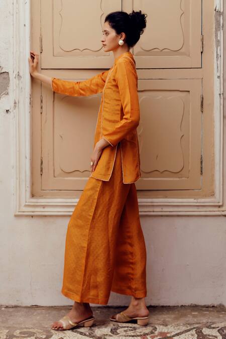 Buy_17:17 By Simmi Saboo_Orange Chanderi Silk Print Shimmer Leaf Closed Round Neck Kiki Top With Pant _Online_at_Aza_Fashions