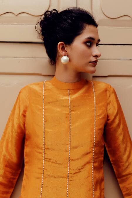 Shop_17:17 By Simmi Saboo_Orange Chanderi Silk Print Shimmer Leaf Closed Round Neck Kiki Top With Pant _Online_at_Aza_Fashions