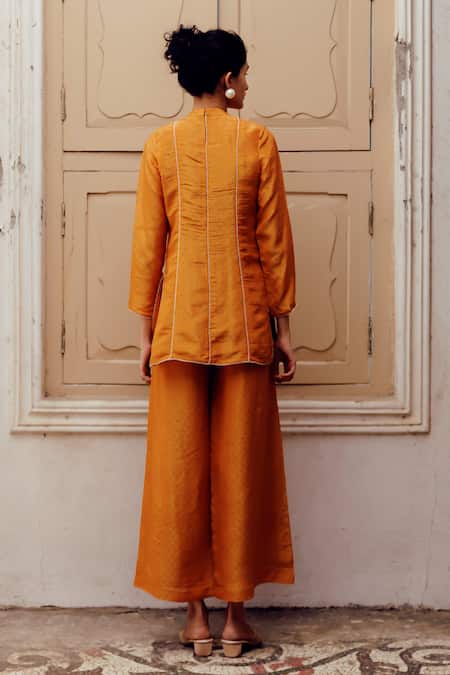 Shop_17:17 By Simmi Saboo_Orange Chanderi Silk Print Shimmer Leaf Closed Round Neck Kiki Top With Pant _at_Aza_Fashions