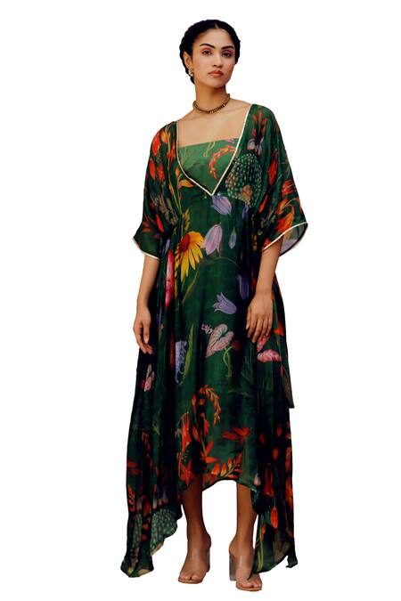17:17 By Simmi Saboo_Green Tabby Print Trible Floral V- Neck Kylie Kaftan _Online_at_Aza_Fashions