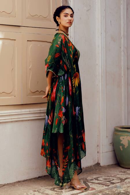 Buy_17:17 By Simmi Saboo_Green Tabby Print Trible Floral V- Neck Kylie Kaftan _Online_at_Aza_Fashions