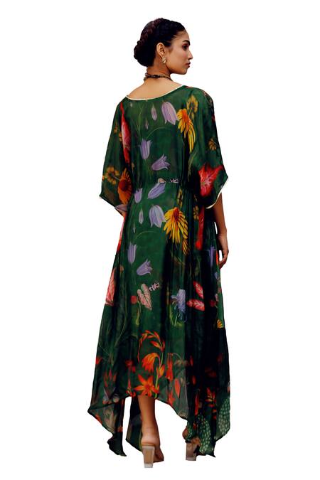 Shop_17:17 By Simmi Saboo_Green Tabby Print Trible Floral V- Neck Kylie Kaftan _Online_at_Aza_Fashions