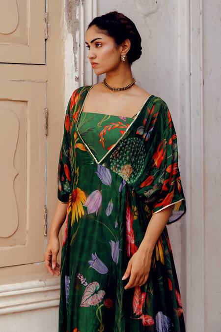 17:17 By Simmi Saboo_Green Tabby Print Trible Floral V- Neck Kylie Kaftan _at_Aza_Fashions