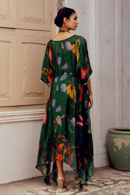 Shop_17:17 By Simmi Saboo_Green Tabby Print Trible Floral V- Neck Kylie Kaftan _at_Aza_Fashions