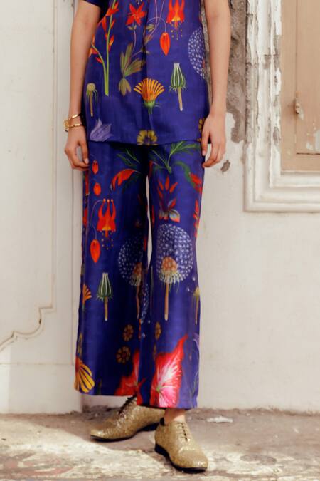 17:17 By Simmi Saboo_Blue Chanderi Silk Print Trible Floral Round Neck Maala Top With Pant _Online_at_Aza_Fashions