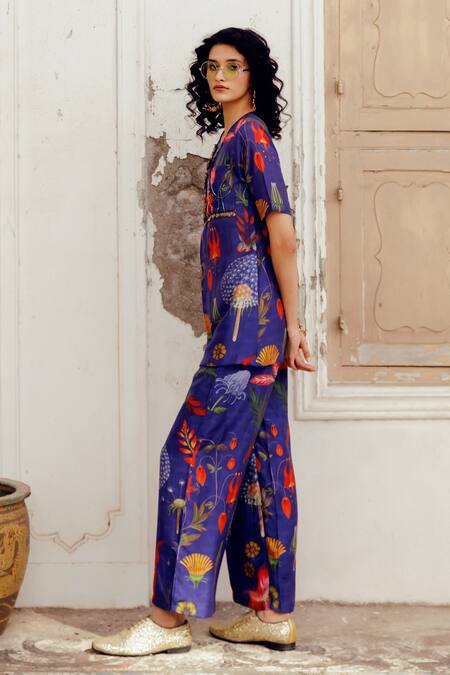Shop_17:17 By Simmi Saboo_Blue Chanderi Silk Print Trible Floral Round Neck Maala Top With Pant _Online_at_Aza_Fashions