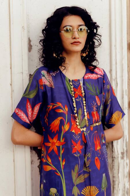 17:17 By Simmi Saboo_Blue Chanderi Silk Print Trible Floral Round Neck Maala Top With Pant _at_Aza_Fashions