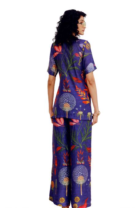 Buy_17:17 By Simmi Saboo_Blue Chanderi Silk Print Trible Floral Round Neck Maala Top With Pant 