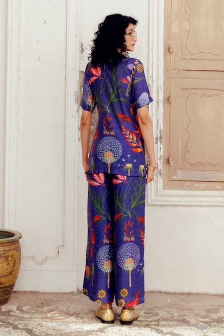 Shop_17:17 By Simmi Saboo_Blue Chanderi Silk Print Trible Floral Round Neck Maala Top With Pant _at_Aza_Fashions