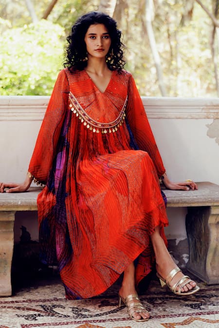 17:17 By Simmi Saboo_Orange Cotton Sequins, Crystals, Maliha Illusion Print Pleated Kurta With Pant _Online_at_Aza_Fashions