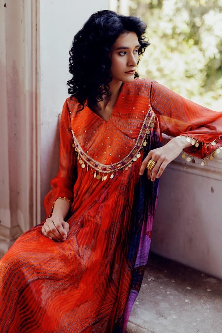 Buy_17:17 By Simmi Saboo_Orange Cotton Sequins, Crystals, Maliha Illusion Print Pleated Kurta With Pant _Online_at_Aza_Fashions