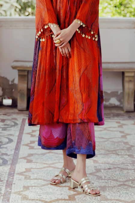 Shop_17:17 By Simmi Saboo_Orange Cotton Sequins, Crystals, Maliha Illusion Print Pleated Kurta With Pant _Online_at_Aza_Fashions