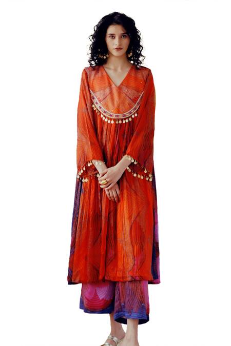 17:17 By Simmi Saboo_Orange Cotton Sequins, Crystals, Maliha Illusion Print Pleated Kurta With Pant _at_Aza_Fashions