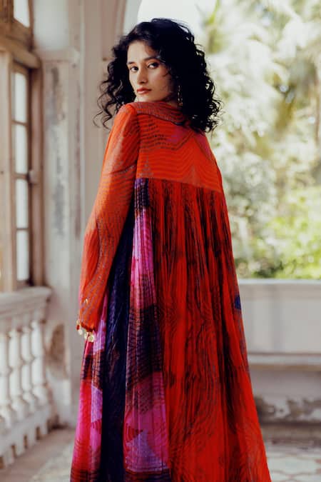 Shop_17:17 By Simmi Saboo_Orange Cotton Sequins, Crystals, Maliha Illusion Print Pleated Kurta With Pant _at_Aza_Fashions