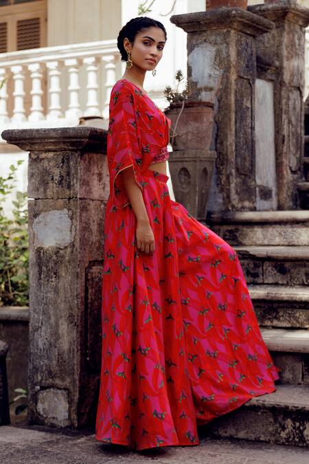 Buy_17:17 By Simmi Saboo_Pink Chanderi Crystals, Beads Round Neck, Nihira Chilli Print Jacket Sharara Set _Online_at_Aza_Fashions