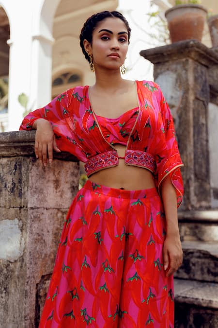 Shop_17:17 By Simmi Saboo_Pink Chanderi Crystals, Beads Round Neck, Nihira Chilli Print Jacket Sharara Set _Online_at_Aza_Fashions