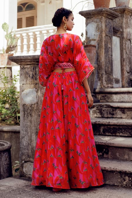 Shop_17:17 By Simmi Saboo_Pink Chanderi Crystals, Beads Round Neck, Nihira Chilli Print Jacket Sharara Set _at_Aza_Fashions