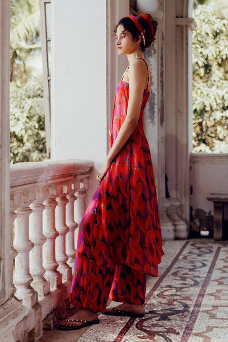 Shop_17:17 By Simmi Saboo_Purple Cotton Sequins Sweetheart Neck Paula Chilli Print Slit Kurta With Pant _Online_at_Aza_Fashions