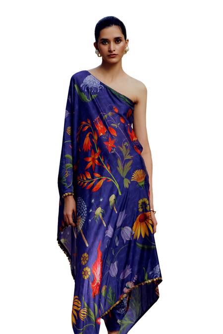 17:17 By Simmi Saboo_Blue Chanderi Silk Print Trible Floral One Perry Kaftan With Tulip Pant _Online_at_Aza_Fashions