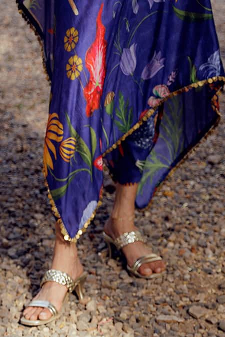 Buy_17:17 By Simmi Saboo_Blue Chanderi Silk Print Trible Floral One Perry Kaftan With Tulip Pant _Online_at_Aza_Fashions