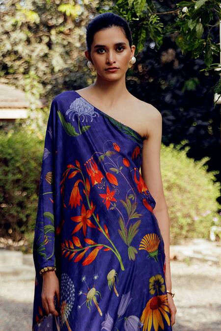 Shop_17:17 By Simmi Saboo_Blue Chanderi Silk Print Trible Floral One Perry Kaftan With Tulip Pant _Online_at_Aza_Fashions