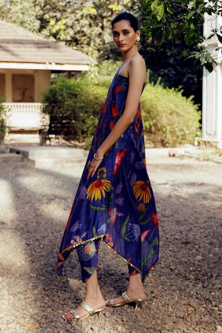 Shop_17:17 By Simmi Saboo_Blue Chanderi Silk Print Trible Floral One Perry Kaftan With Tulip Pant _at_Aza_Fashions