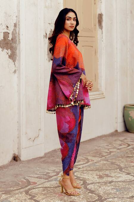 17:17 By Simmi Saboo_Orange Chanderi Silk Print Illusion One Shoulder Roohi Top With Tulip Pant _Online_at_Aza_Fashions