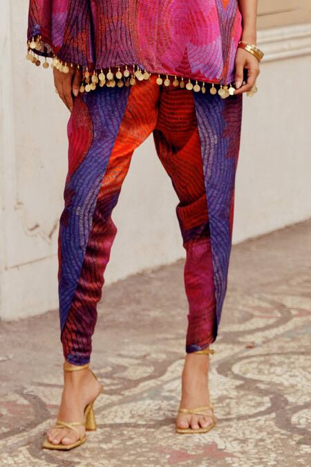 Buy_17:17 By Simmi Saboo_Orange Chanderi Silk Print Illusion One Shoulder Roohi Top With Tulip Pant _Online_at_Aza_Fashions